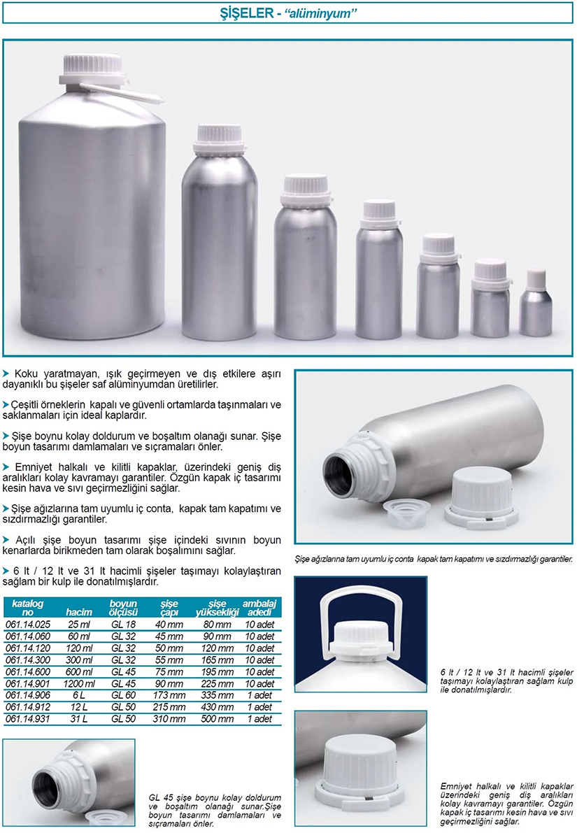 Alüminyum numune şişeleri