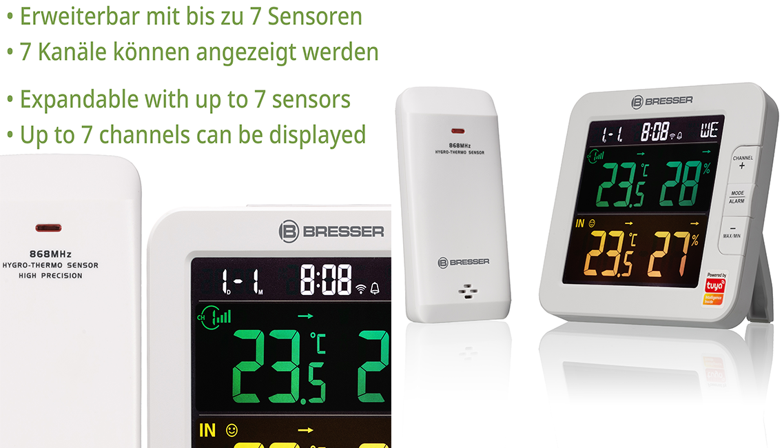 BRESSER Tuya Smart Akıllı Ev 7 Kanallı Termometre - Higrometre (Dahili Sensör 1 Adet) - (Beyaz)