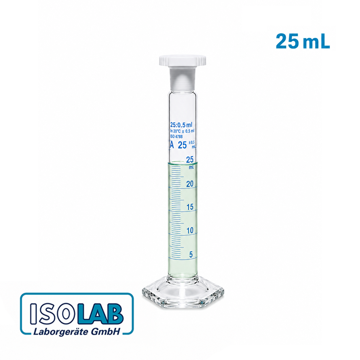 ISOLAB Mezür - Çalkalama - Hexagonal Cam Tabanlı - A Kalite - Grup Sertifikalı - Mavi Skala - 25 ml - (1 Adet)