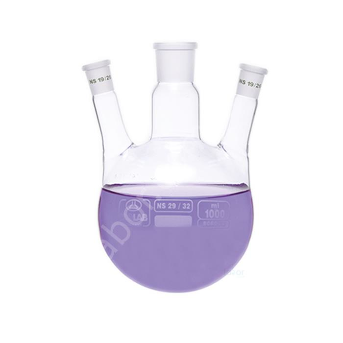 ISOLAB Balon - Dibi Yuvarlak - 3 Boyunlu - Yan Dişi Şilif - Merkez Boyun : NS 29/32 - Yan Boyun(Lar) : NS 29/32 - 2000 ml