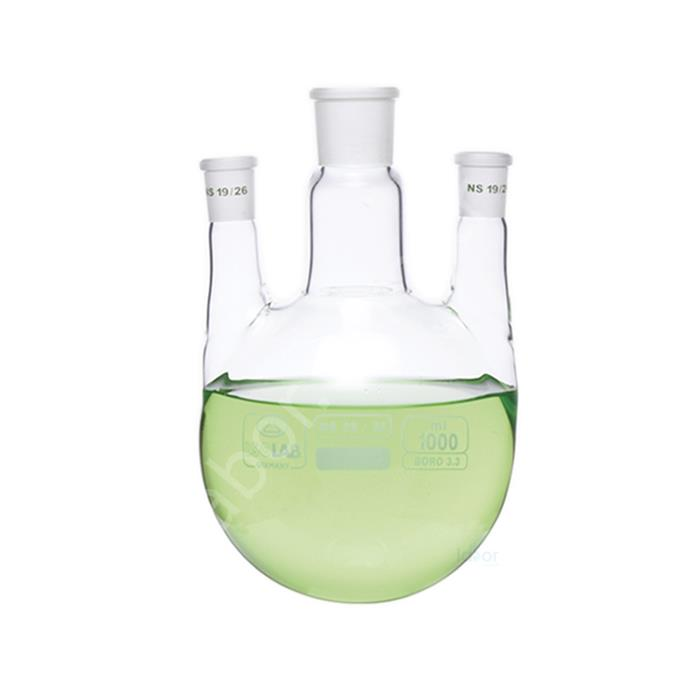 ISOLAB Balon - Dibi Yuvarlak - 3 Boyunlu - Paralel Yan Boyun - Merkez Boyun : NS 29/32 - Yan Boyun(Lar) : NS 14/23 - 1000 ml