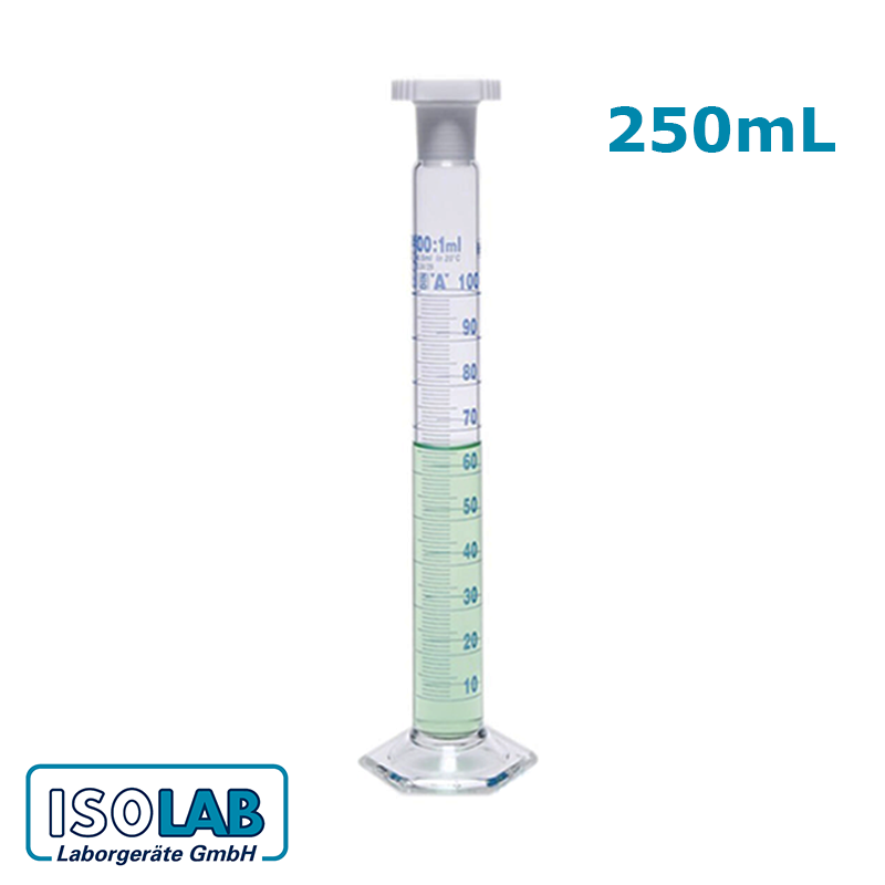 ISOLAB Mezür - Çalkalama - Hexagonal Cam Tabanlı - A Kalite - Grup Sertifikalı - Mavi Skala - 250 ml - (1 Adet)