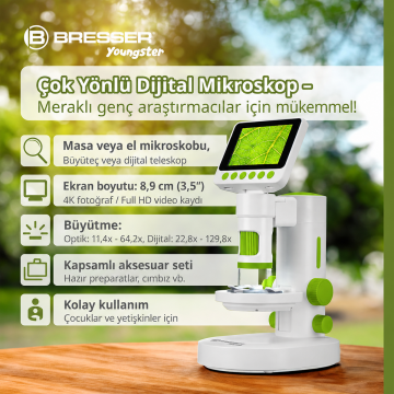 BRESSER YOUNGSTER Dijital Mikroskop Büyütme Optik:  11.4x–64.2x ve Dijital: 22.8x–129.8x
