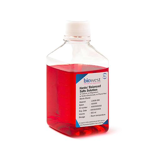 biowest L0606 HBSS w/ Calcium w/ Magnesium w/ Sodium Bicarbonate w/ Phenol Red 500 mL