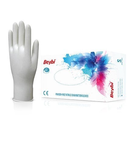 Beybi Nitril Muayene Eldiveni (Pudrasız)  Beyaz M  100 Adet/Kutu