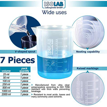 ISOLAB Beher SET - P.P - Kısa Form - Kabartma Skala - 25 mL, 50 mL, 100 mL, 250 mL, 500 mL, 1000 mL, 2000 mL / 1'er Adet