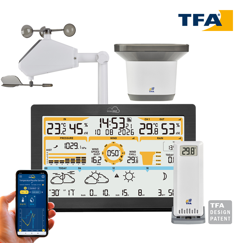 TFA.me ID-05 35.8106 Wi-Fi Meteoroloji İstasyonu Sıcaklık, Nem, Yağmur Olasılığı/miktarı, Güneşlenme Süresi, UV İndeksi, Rüzgar Hızı/Yönü