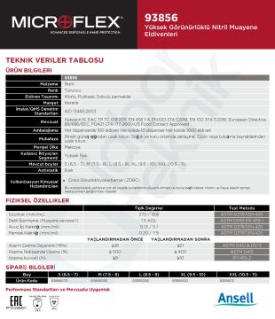 Ansell MICROFLEX® 93-856 Yüksek Görünürlüklü Nitril Laboratuvar Eldiveni Large (8.5 - 9) 100 Adet/Kutu