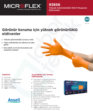 Ansell MICROFLEX® 93-856 Yüksek Görünürlüklü Nitril Laboratuvar Eldiveni Large (8.5 - 9) 100 Adet/Kutu