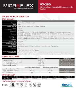 Ansell MICROFLEX® 93-260 Kimyasallara Karşı Yüksek Dirençli Nitril-Neopren Laboratuvar Eldiveni Medium (7.5 - 8) 50 Adet/Kutu