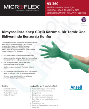 Ansell MICROFLEX® 93-360 Temiz Oda Ortamları için Kimyasallara Dirençli Nitril+Neopren Laboratuvar Eldiveni Medium (7.5 - 8) 50 Adet/Torba