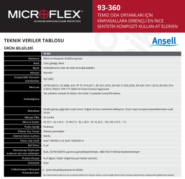 Ansell MICROFLEX® 93-360 Temiz Oda Ortamları için Kimyasallara Dirençli Nitril+Neopren Laboratuvar Eldiveni Medium (7.5 - 8) 50 Adet/Torba